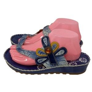 Spring Step Size 9 US Sandals Platform Blue Floral Leather Shoes Size 40 EU